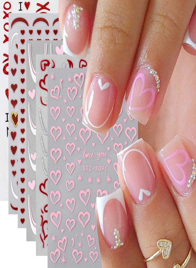 BSBTBZ 6PCS Valentine's Nail Art Stickers 3D Valentine Nail Decals Mini Red Heart Shaped Lrregular Love Stripe Design French Lines Nail Sticker Nail Tip Shiny Valentine's Romantic Hearts Manicure Accessories - Image 1